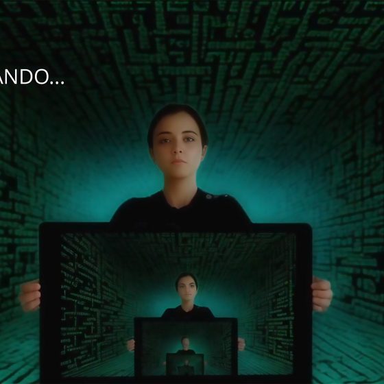 Fotograma del documental experimental donde una mujer generada por medio de inteligencia artificial está sumergida en un espacio virtual